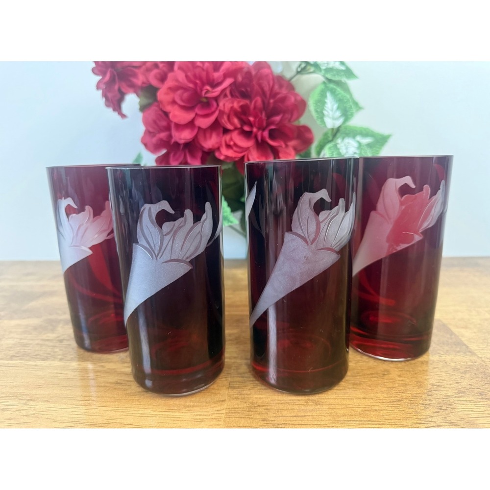 Vintage Ruby Red Etched Floral Highball Glasses Set of 4 Barware Bar‎ Cart